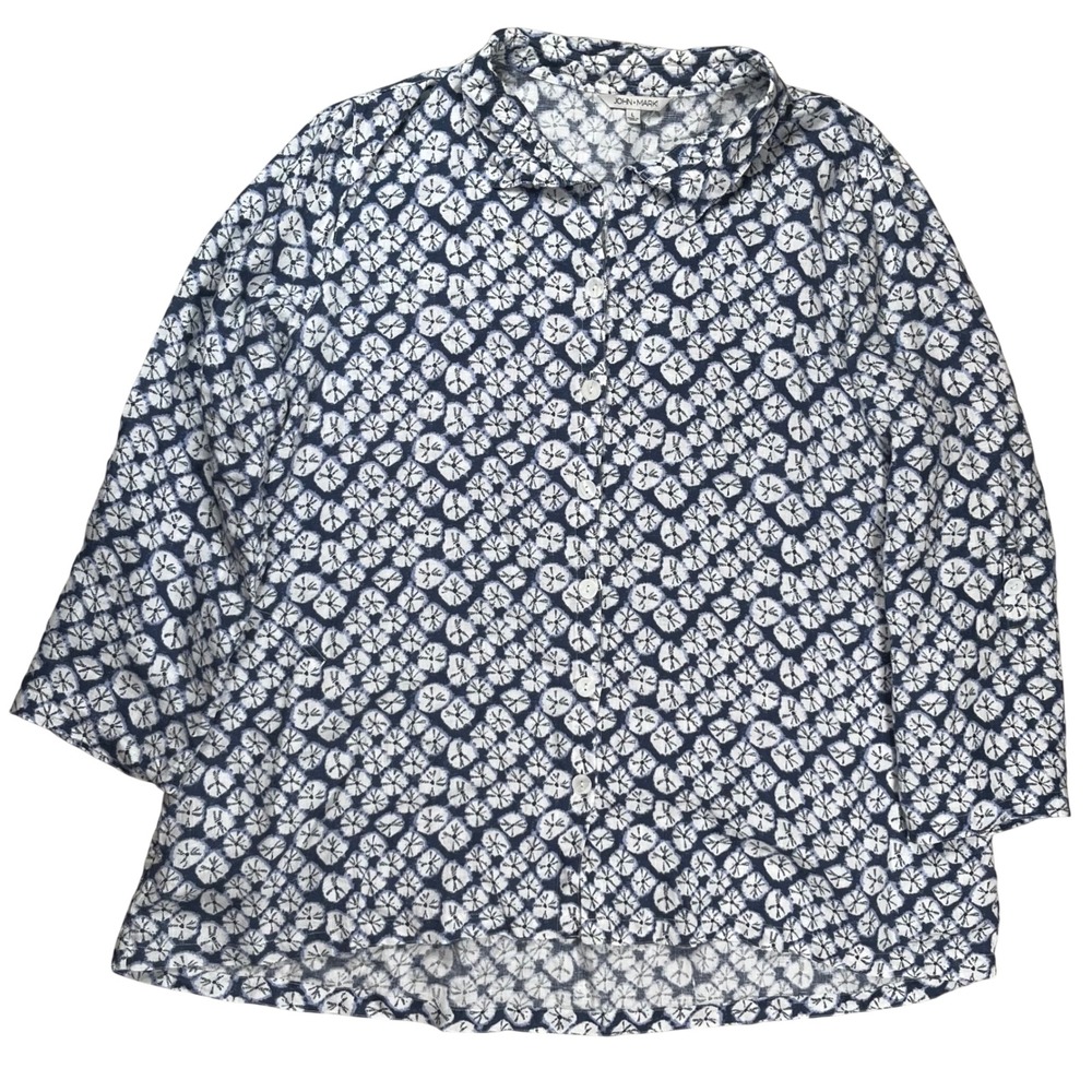 John Mark Button Up Shirt Women Large Blue White Linen Floral Print Lagenlook